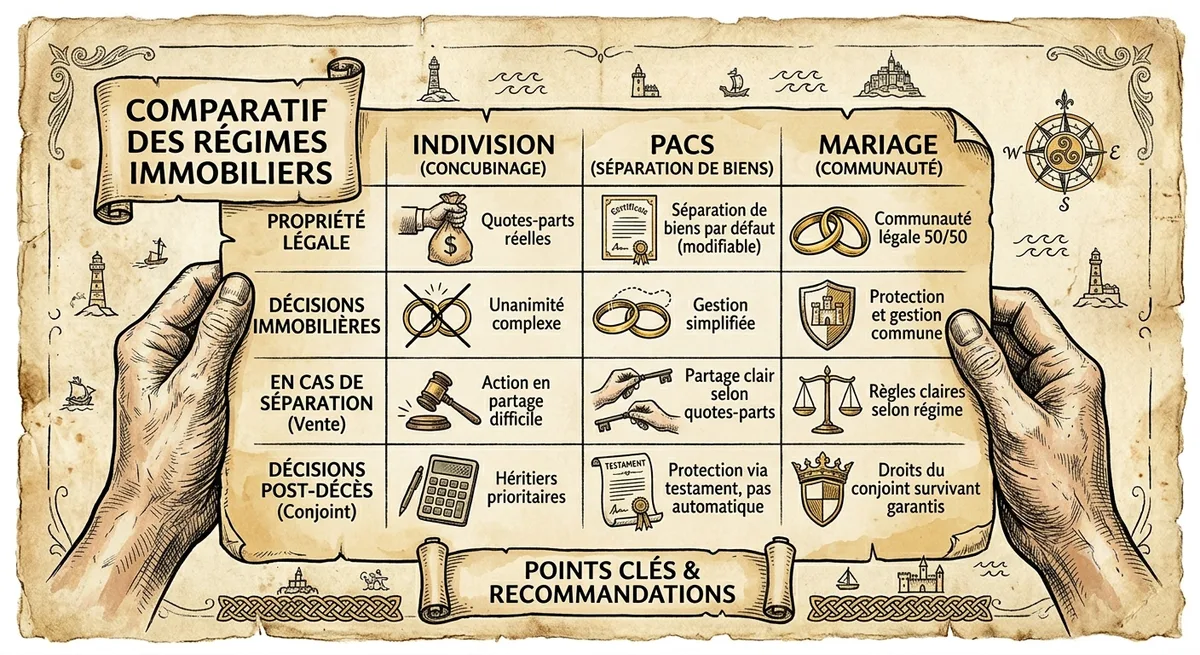Tableau comparatif des trois régimes — indivision, PACS, mariage : droits, protections et fiscalité en cas de séparation