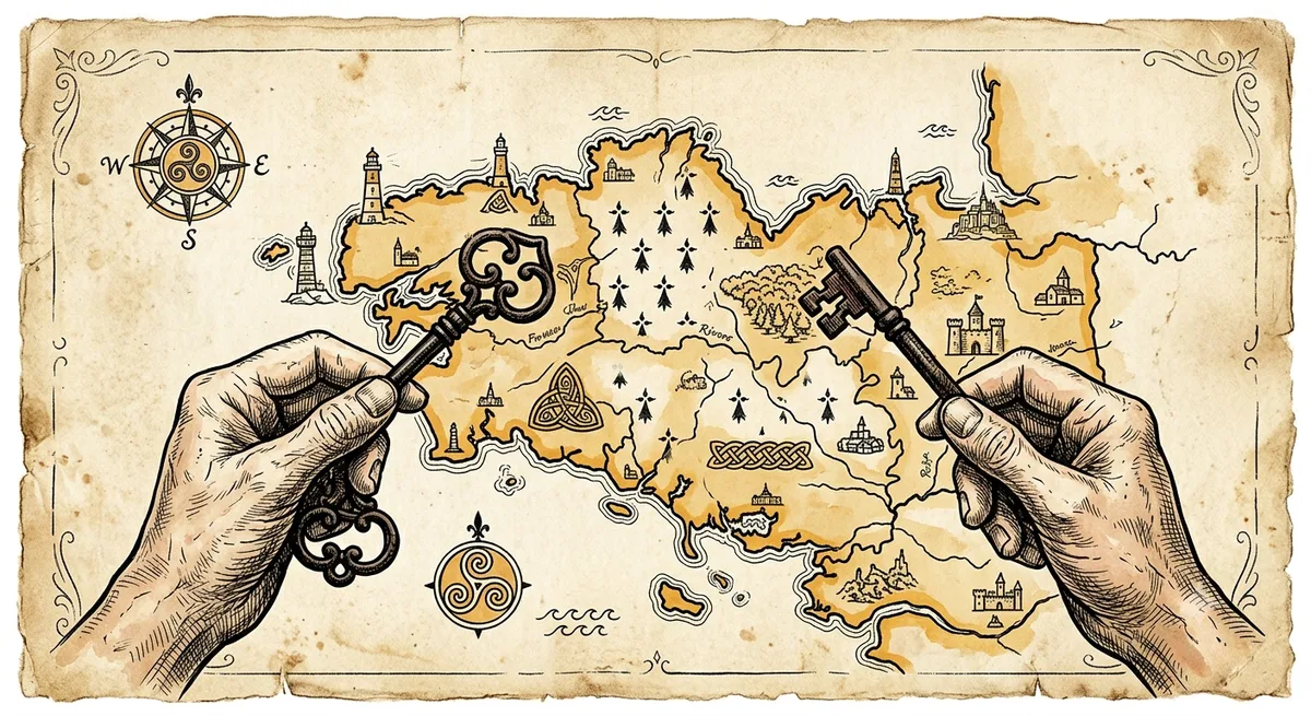 Deux mains tenant chacune une clé ancienne au-dessus d'une carte de Bretagne stylisée, illustration parchemin