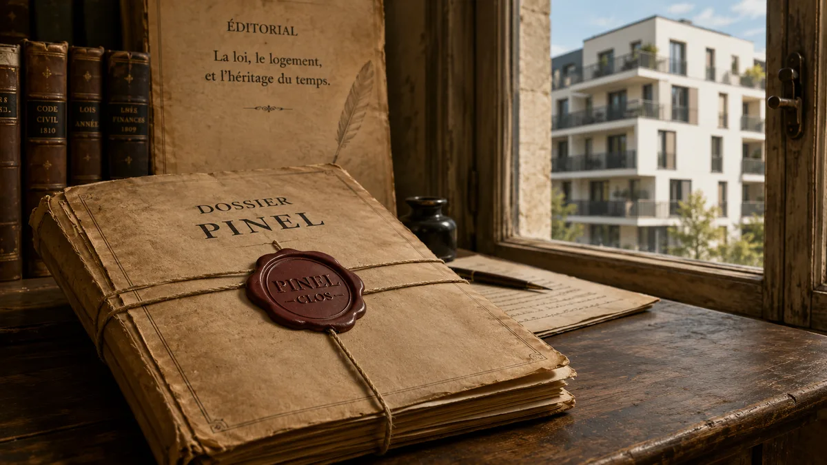 Dossier ancien fermé avec sceau PINEL clos près d'une fenêtre donnant sur un immeuble neuf, illustration parchemin