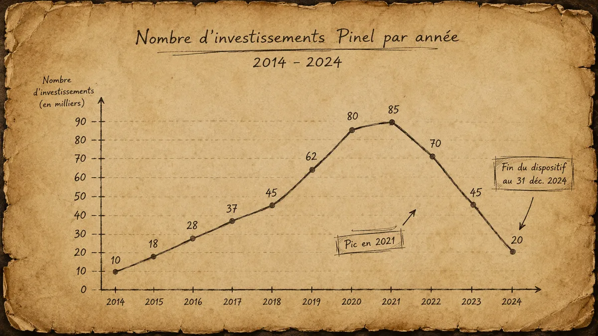 Courbe main levée — nombre d'investissements Pinel par année 2014-2024, parchemin