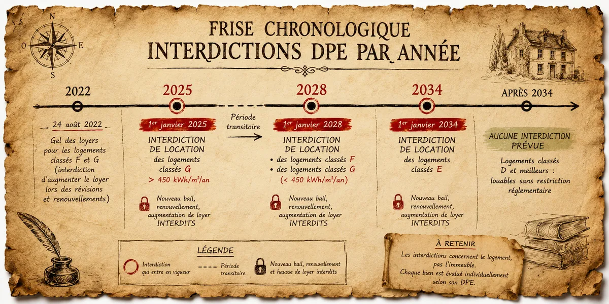 Frise chronologique horizontale main levée — interdictions DPE par année, parchemin éditorial
