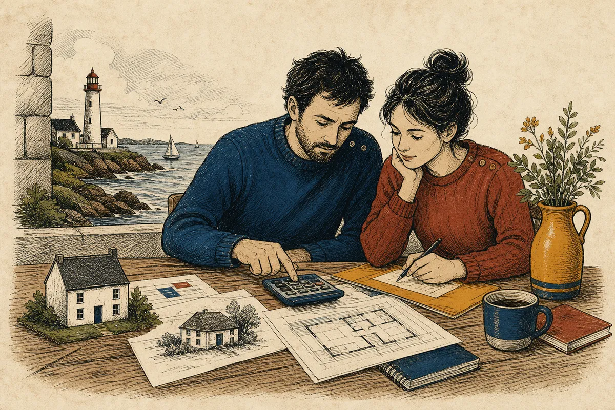 Couple breton calculant son budget d'achat immobilier devant des plans de maison