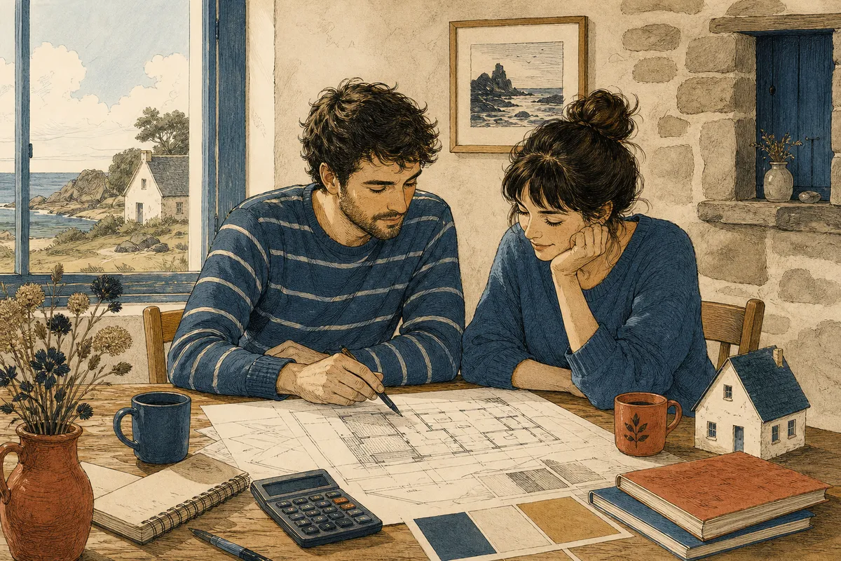 Jeune couple préparant un projet immobilier autour de plans et d'une calculatrice, illustration éditoriale bretonne
