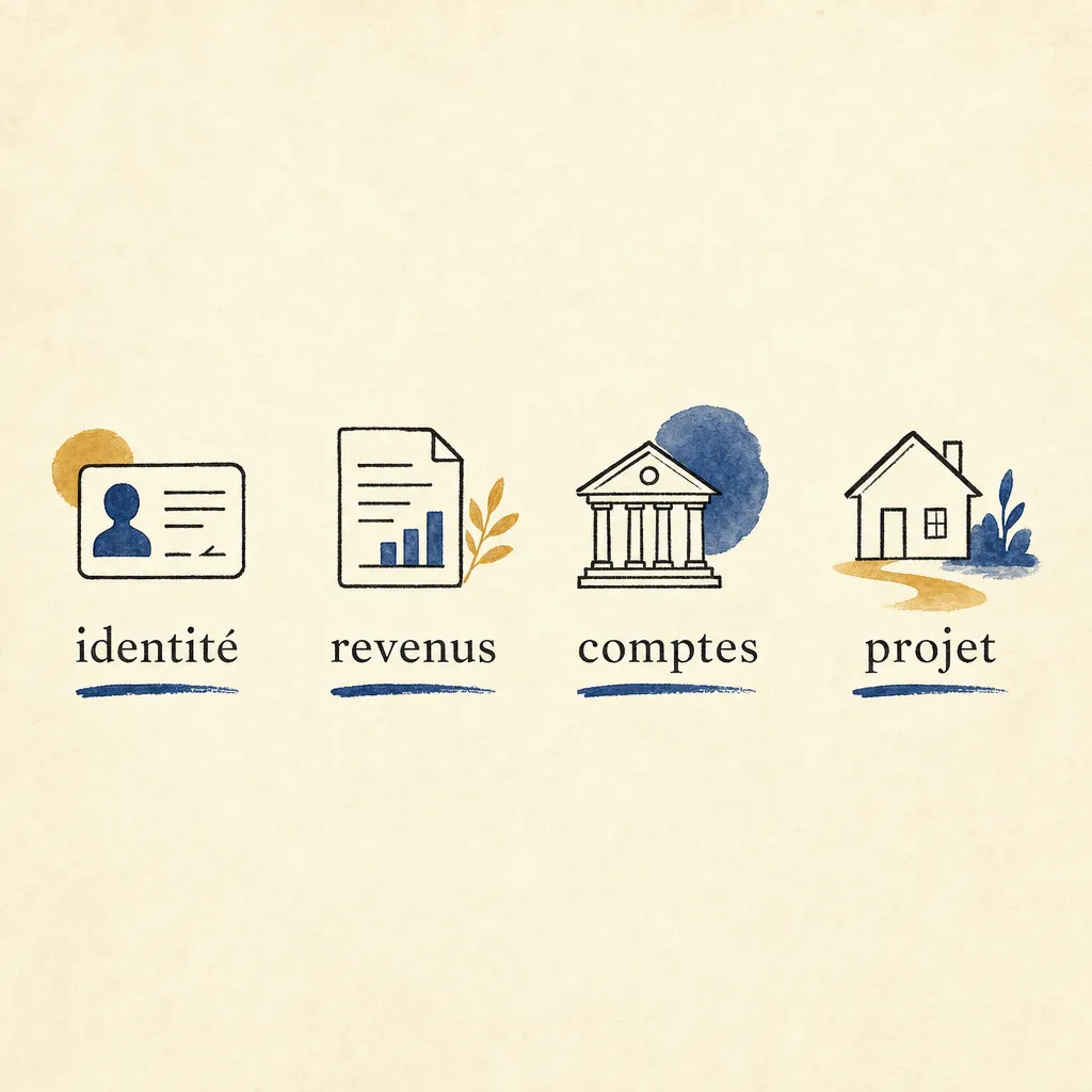 Checklist visuelle des pièces d'un dossier de prêt immobilier : identité, revenus, comptes et projet