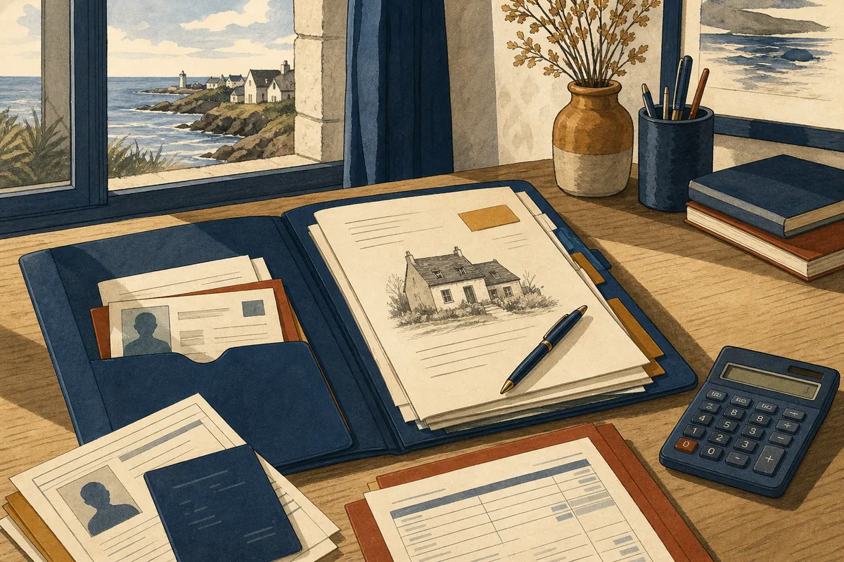 Dossier de prêt immobilier organisé avec pièces justificatives et calculatrice sur un bureau