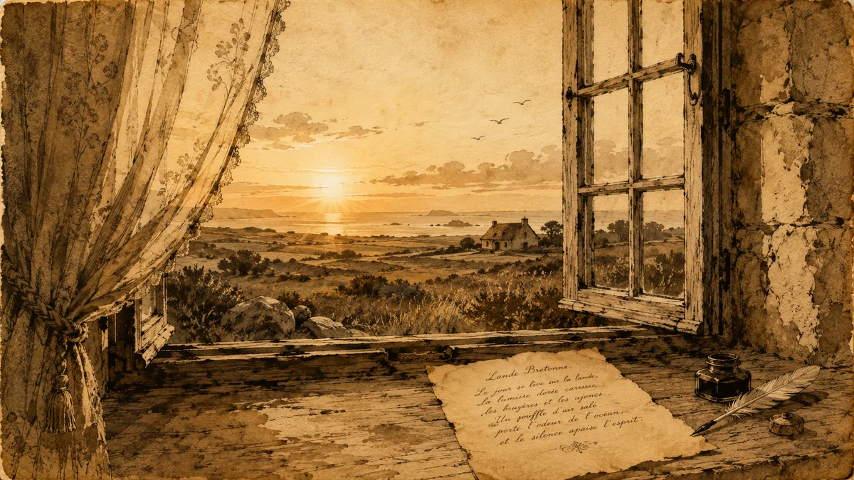 Fenêtre ancienne avec rideau légèrement écarté et soleil levant sur la lande bretonne, illustration éditoriale