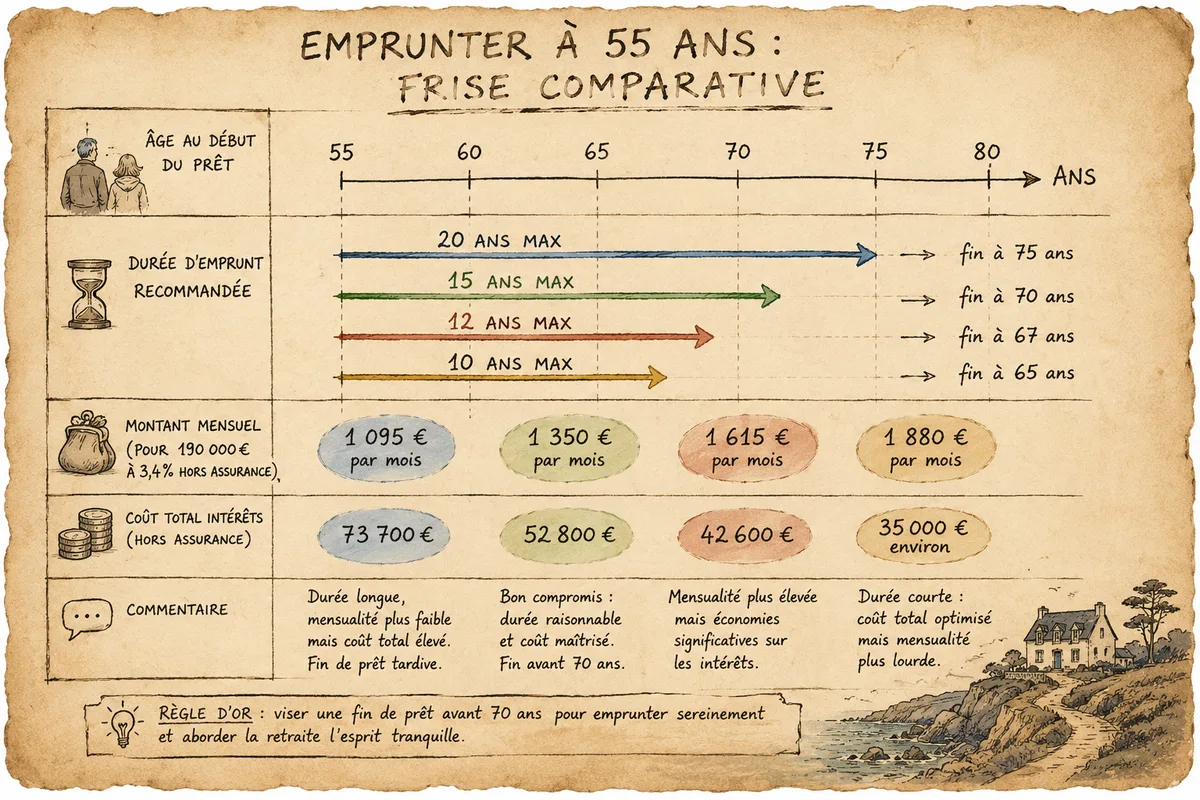 Frise comparative — durée d'emprunt vs âge, mensualité et coût final