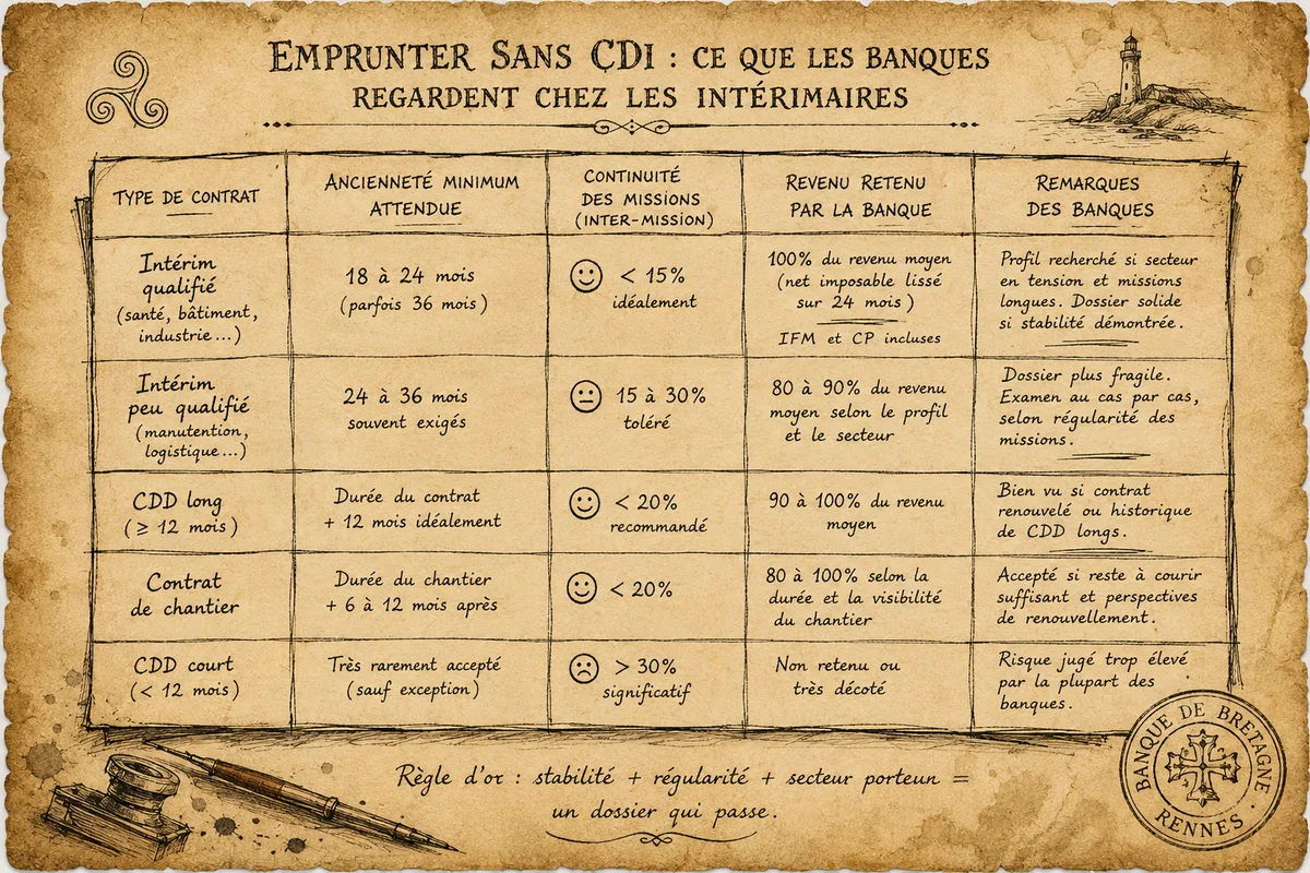 Tableau main levée — type de contrat et conditions retenues par les banques, parchemin éditorial