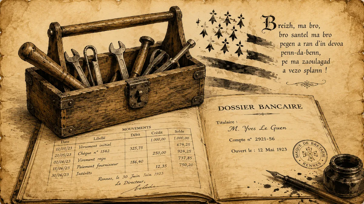 Boîte à outils ancienne posée sur un dossier bancaire ouvert, illustration parchemin breton