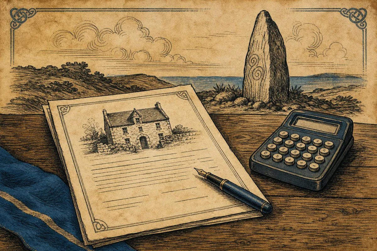 Un compromis de vente et une calculatrice ancienne sur un bureau en bois — illustration éditoriale Le Menhir Courtage