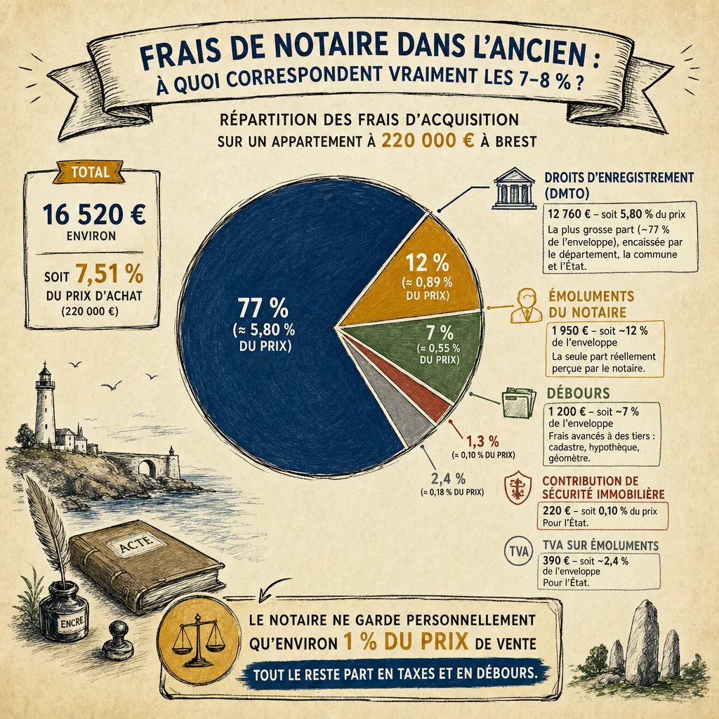 Répartition des frais de notaire dans l'ancien : droits d'enregistrement, émoluments du notaire, débours et taxes sur un achat à Brest