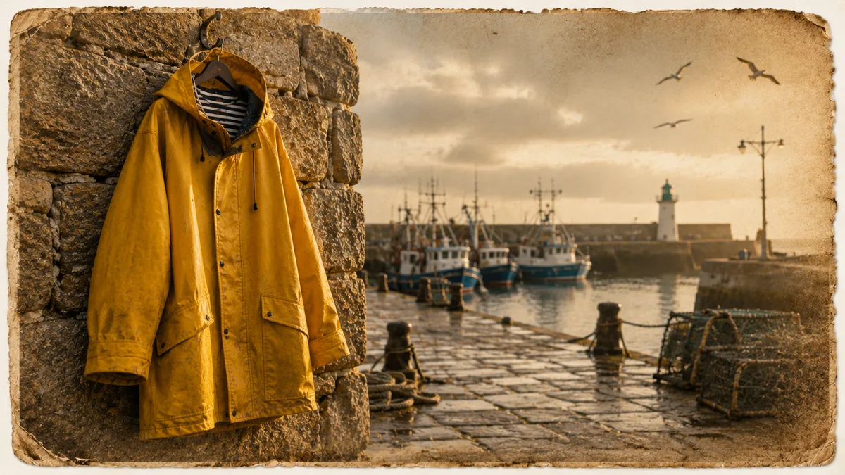 Ciré jaune de marin pêcheur breton accroché à un mur en pierre près d'un quai, illustration parchemin