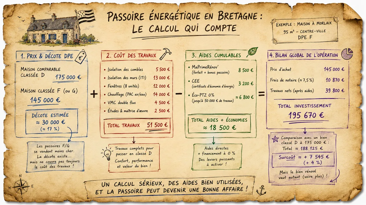 Tableau main levée — prix décote selon DPE F/G, coût travaux, aides cumulables, parchemin