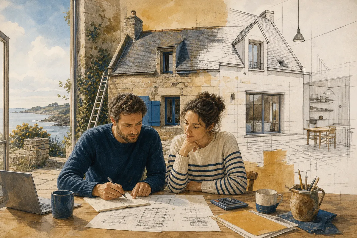 Maison ancienne en pierre du Finistère en cours de rénovation avec des plans de financement