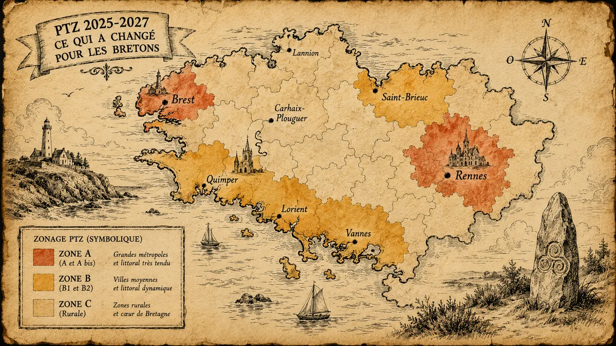 Carte de la Bretagne avec zonage PTZ A/B/C symbolique, illustration éditoriale parchemin