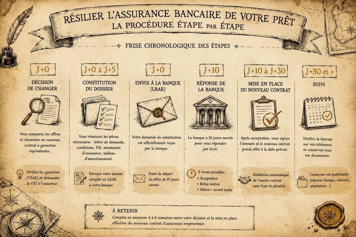 Frise chronologique main levée — étapes J+0 / J+10 / J+30 de la résiliation