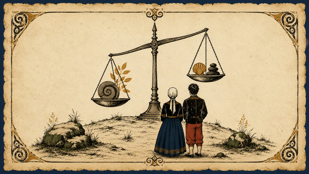 Deux silhouettes face à une balance ancienne en équilibre asymétrique, illustration éditoriale parchemin breton