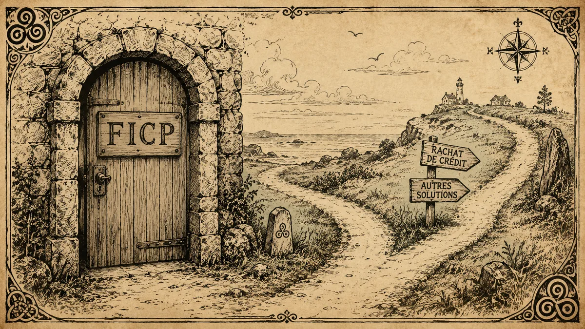 Porte fermée avec panneau FICP gravé et sentier qui bifurque, illustration éditoriale parchemin