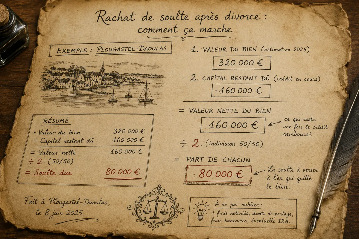 Calcul chiffré main levée — valeur du bien moins capital restant dû divisé par 2, exemple Plougastel