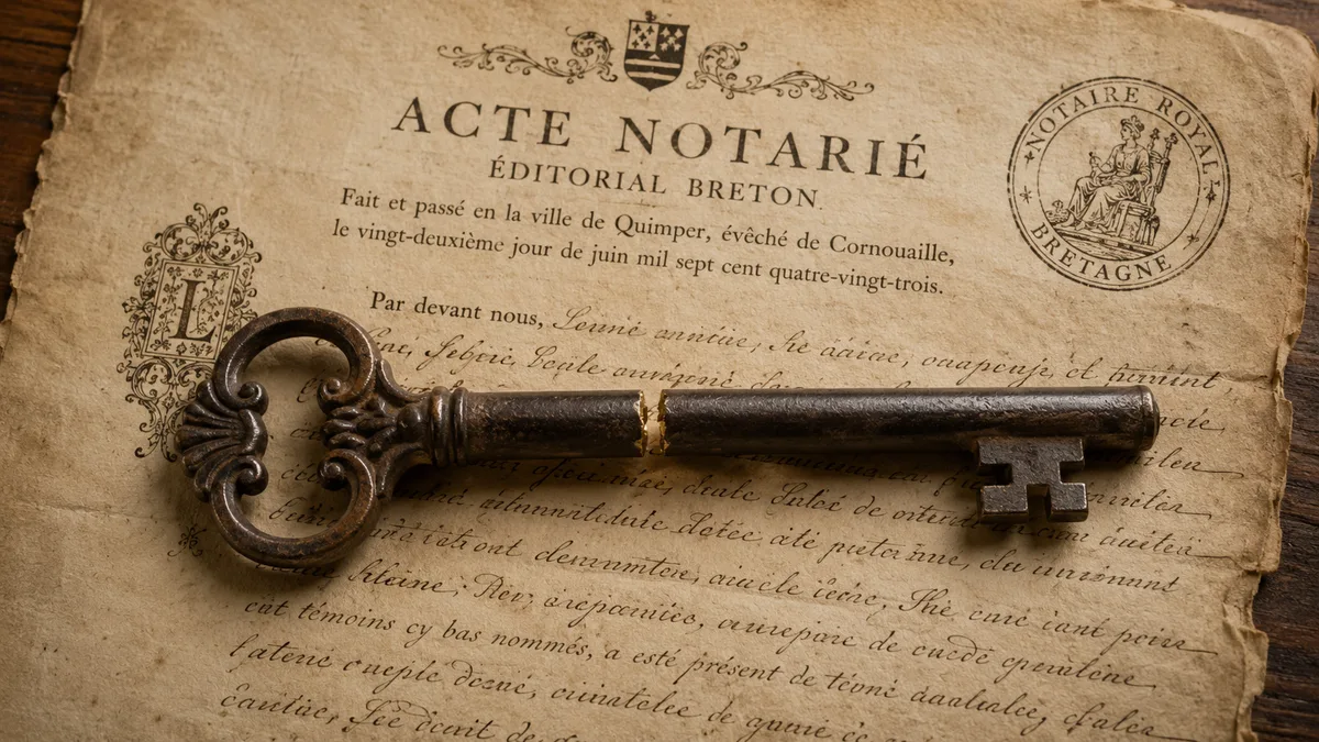 Clé ancienne coupée en deux puis recollée sur un acte notarié, illustration parchemin breton