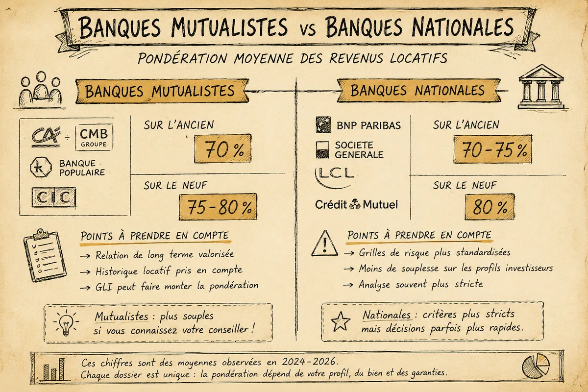 Tableau infographique — banques mutualistes vs nationales, pondération moyenne des revenus locatifs