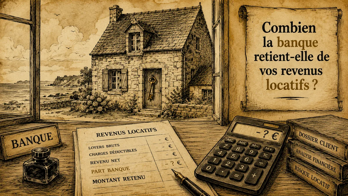Petite maison bretonne en pierre vue depuis un bureau de banquier avec calculatrice, illustration parchemin
