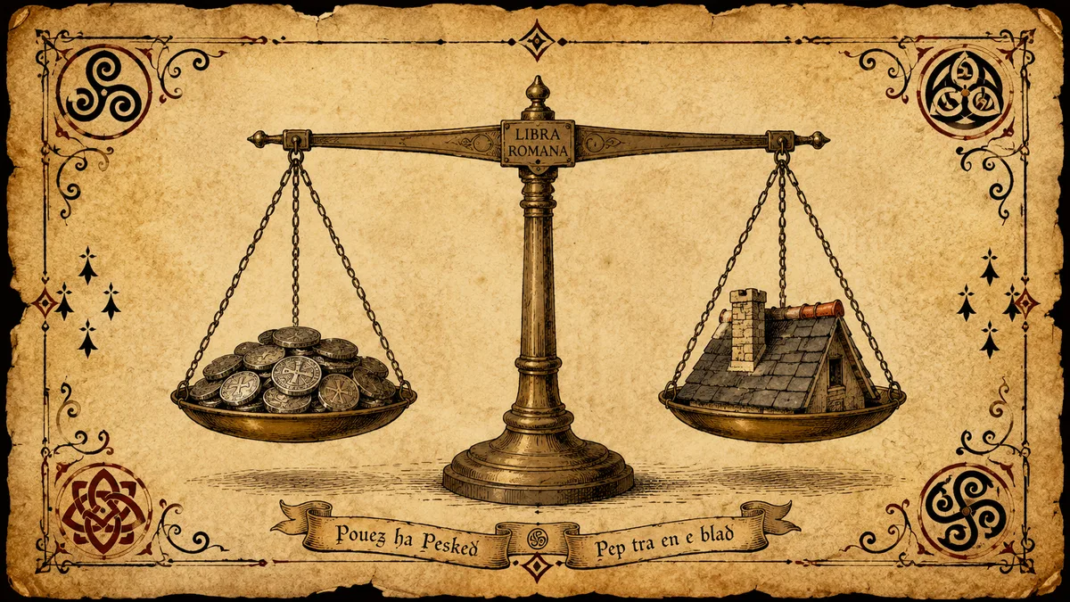 Vieille balance romaine en équilibre avec pièces et toit de maison, illustration éditoriale parchemin